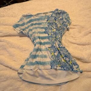 Floral Blue Striped Women's Short Sleeve Top
